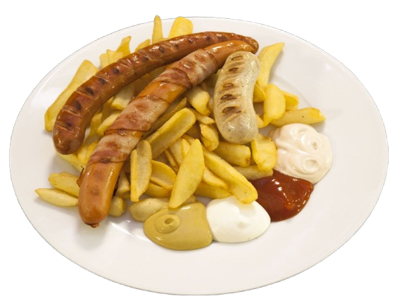 Piatto Tirolese con würstel grigliati, patate fritte e salse