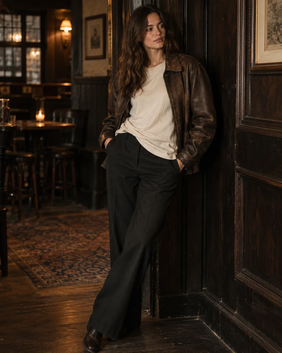 Outfit casual con giacca marrone e maglietta chiara